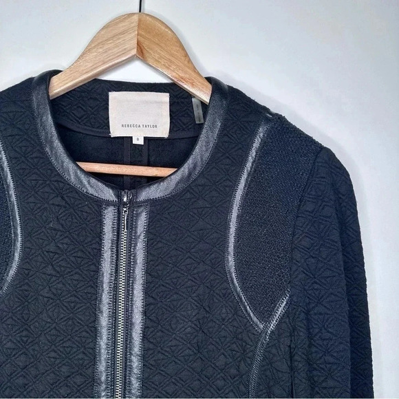 Rebecca Taylor Black Quilted Faux Leather Trim Zip Up Moto Jacket Size 8 - Picture 2 of 10